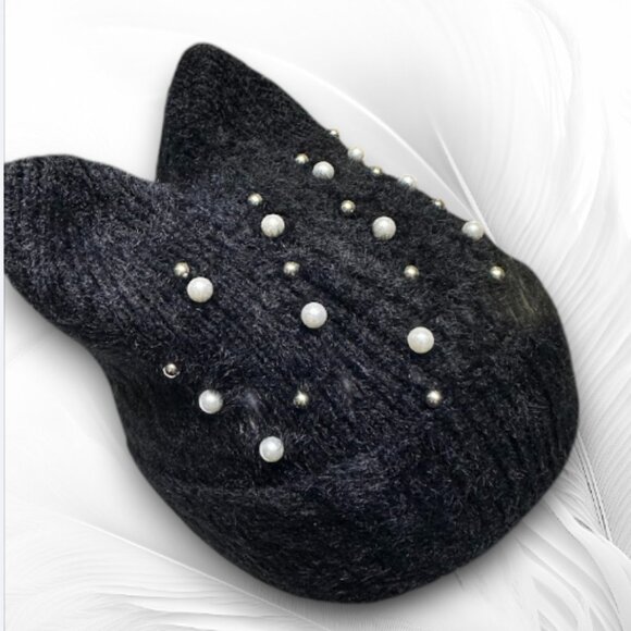 Fuzzy Black Knit Cat Ear Beanie with Pearls – Cute Winter Hat Women’s Warm Soft - Picture 3 of 6